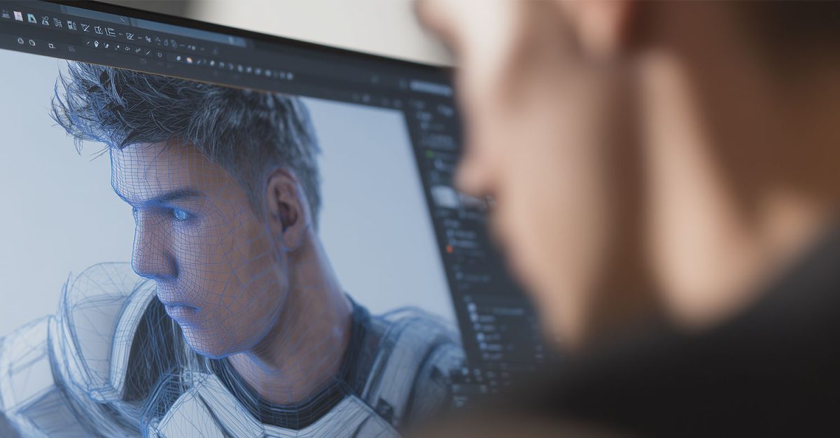 A person using Blender for Animation, with a male character on screen